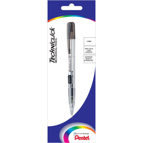 Pentel Techniclick Auto Pencil 0.5mm Black with side click mechanism, transparent barrel, and ergonomic grip for comfort.