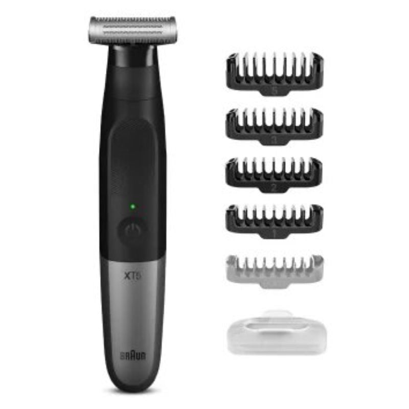 Braun Series X XT5100 Trimmer in black and silver, featuring 4D-Blade technology for precision grooming, wet and dry use.