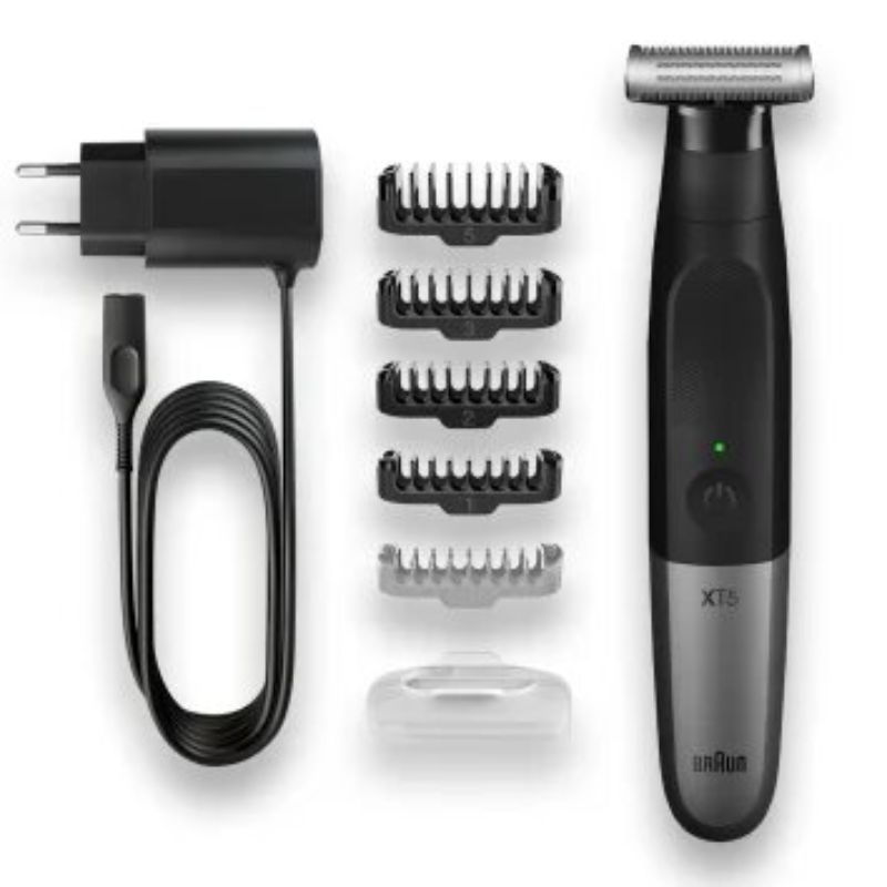 Braun Series X XT5100 black and silver trimmer, featuring 4D-Blade technology for precise wet and dry grooming.