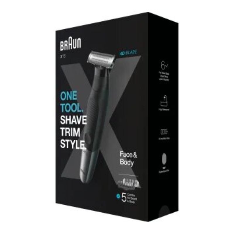 Braun Series X XT5100 trimmer in black/silver, featuring 4D-Blade technology for precision grooming in wet and dry conditions.