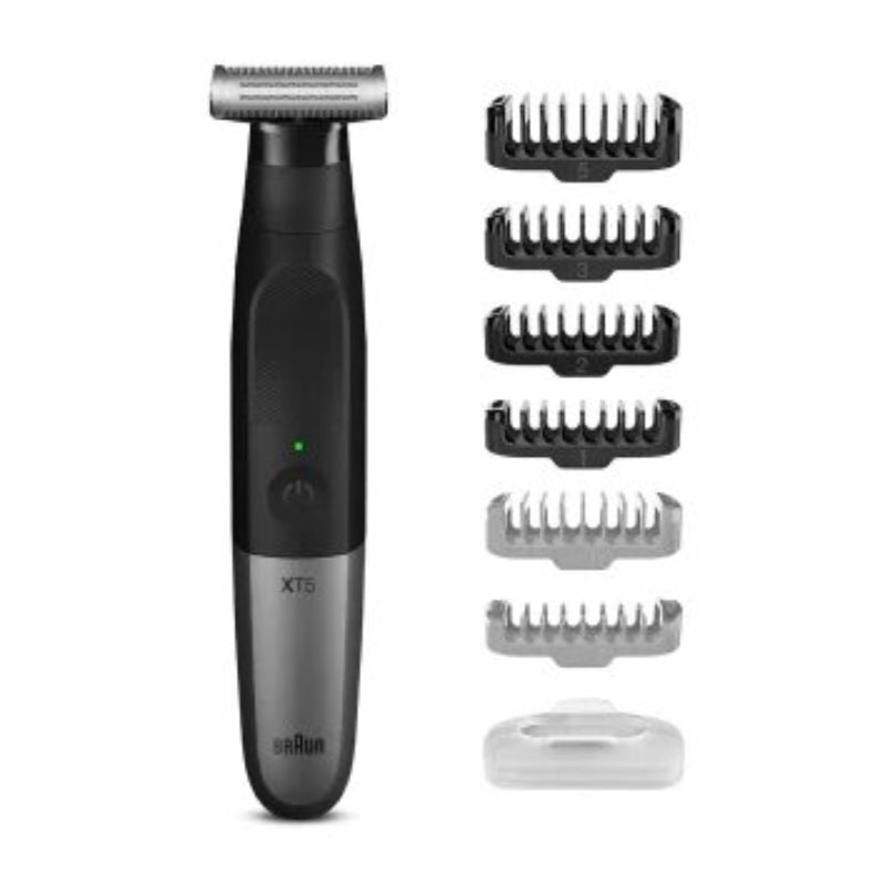 Braun Series X XT5200 trimmer with 6 attachments, 4D-Blade tech, and anti-slip handle for precise wet/dry grooming.