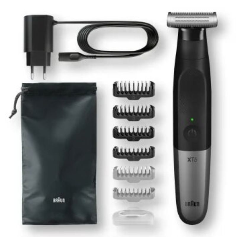 Braun Series X XT5200 Wet & Dry trimmer, black/grey, featuring 4D-Blade and 6 attachments for versatile grooming.