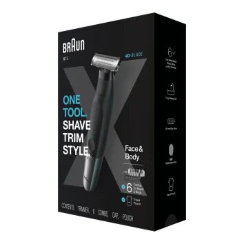 Braun Series X XT5200 trimmer in black and grey metal, featuring 6 attachments and advanced 4D-Blade technology for precision grooming.