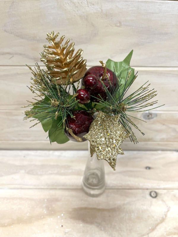 Artificial Xmas Glitter Pick w/Apple Pear & Cone (Red)