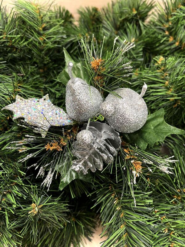 Artificial Xmas Glitter Pick w/Apple Pear & Cone Silver)