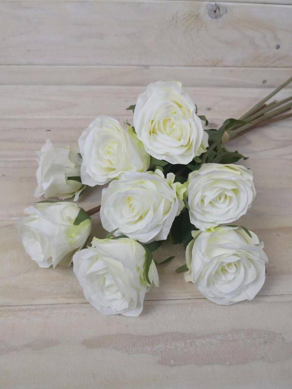 Artificial Rose Bud Bundle with 8 Flowers (White)