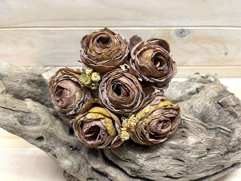 Artificial Rose Posies - Dry Look with 6 Flowers (Coffee)