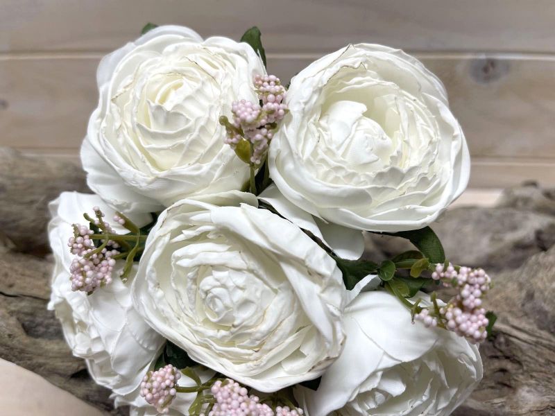 Artificial Rose Posies - Dry Look with 6 Flowers (White)