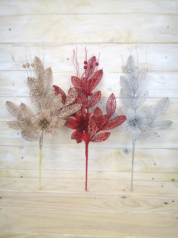 Artificial Bay leaf Spray w/Poinsettia (Gold)