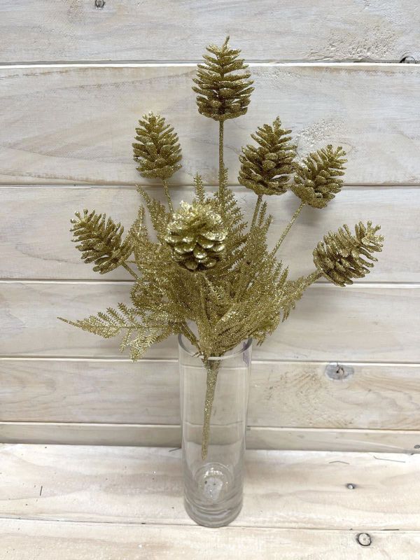 Artificial Glitter Pine Cone Bush (Gold)