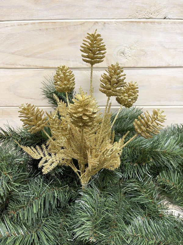 Artificial Glitter Pine Cone Bush (Gold)