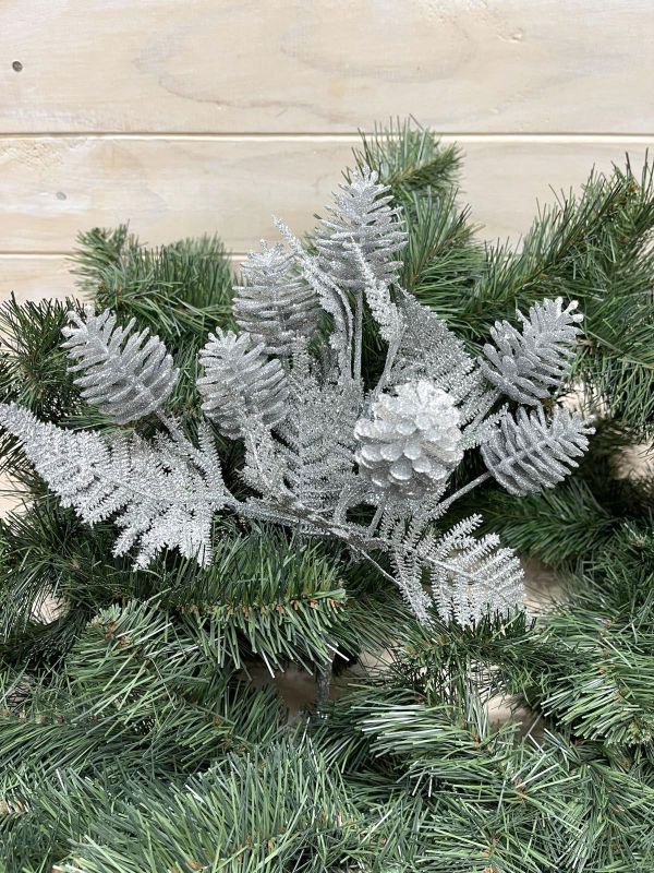 Artificial Glitter Pine Cone Bush (Silver)
