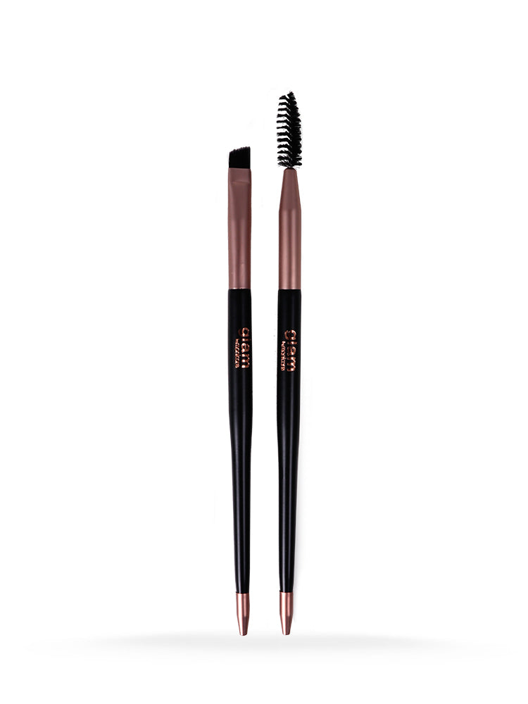 Glam By Manicare Precision Brow Duo featuring a slanted brush for filling and shaping brows and a spoolie for grooming.