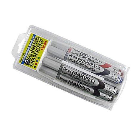 Pentel Maxiflo Whiteboard Marker Pk4 with magnetic duster, featuring ink rejuvenation system and eco-friendly materials.