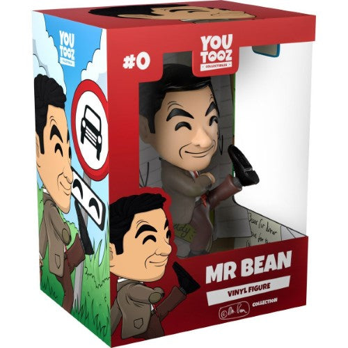 5-inch Youtooz Mr Bean figurine in corduroy suit with suitcase of beach essentials and Teddy, perfect for collectors.