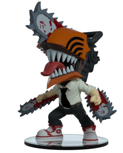 Youtooz Chainsaw Man figurine showcasing Denji with chainsaws emerging from his limbs, dressed in a white shirt and black tie.
