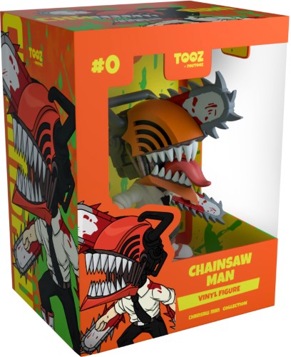 Youtooz Chainsaw Man vinyl figurine, Denji in devil mode with chainsaws, dressed in public security uniform.