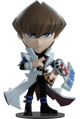 Youtooz Seto Kaiba vinyl figurine, 5 inches tall, featuring iconic attire and Blue-Eyes White Dragon cards, perfect for collectors.