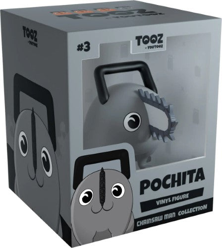 Youtooz Chainsaw Man Pochita vinyl figurine in black and white, showcasing intricate details and playful design, 2.6 inches tall.