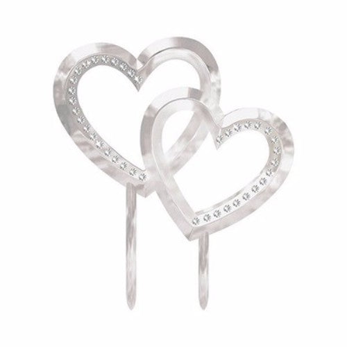 Elegant silver cake topper featuring double hearts and gems, perfect for weddings and engagements, measuring 11cm x 13cm.