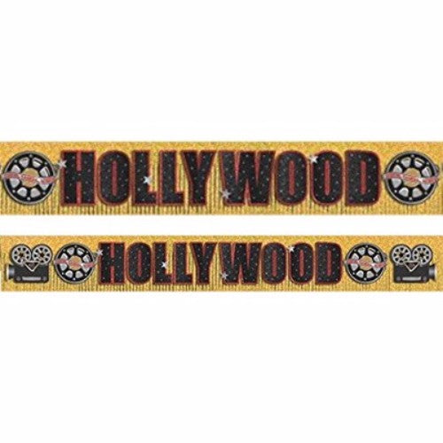 Gold foil fringe banner and cutouts, perfect for glamorous Hollywood-themed parties and events, 3m x 29cm size.