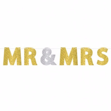 Gold and silver glittered 'Mr & Mrs' banner with 3.65m ribbon and 18cm cardboard letters.