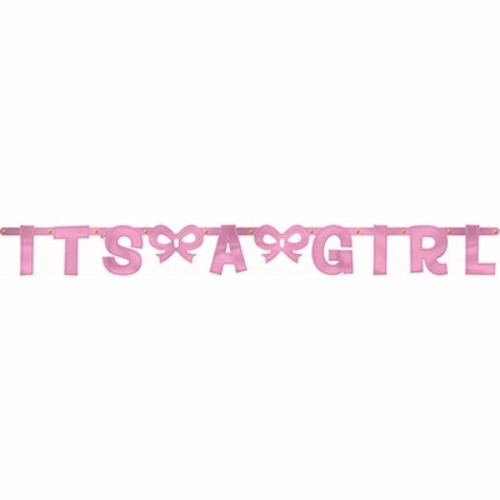 Jointed pink foil banner reading 'It's A Girl', perfect for baby showers and gender reveal parties, measuring 1.5m x 15cm.