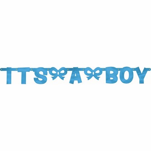 Vibrant blue foil 'It's A Boy' banner, 1.5m long, ideal for baby showers and celebrations, easy to hang and reusable.
