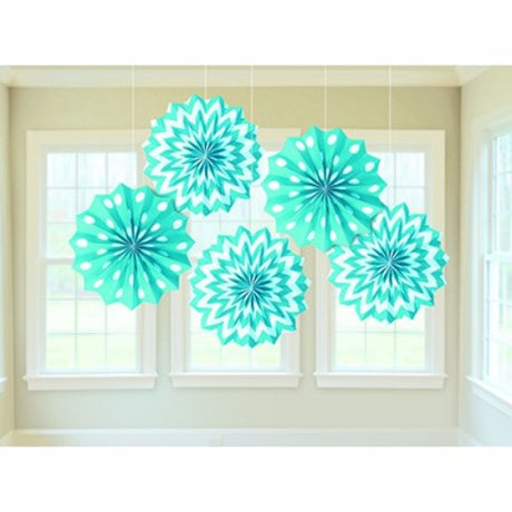 Pack of 5 Caribbean Blue tissue paper fans, 20cm, perfect for vibrant party décor and easy setup with string and tape.