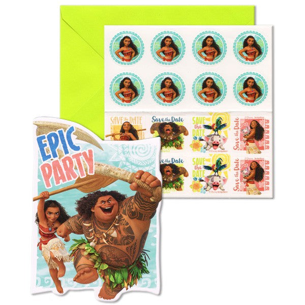 Moana Epic Party Invitations set of 8 with vibrant designs, envelopes, seals, and Save The Date stickers for a fun celebration.