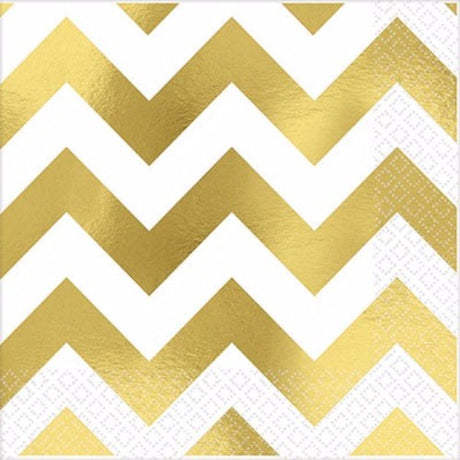 Pack of 16 gold hot stamped chevron beverage napkins, stylish and absorbent for any occasion, measuring 25cm x 25cm.