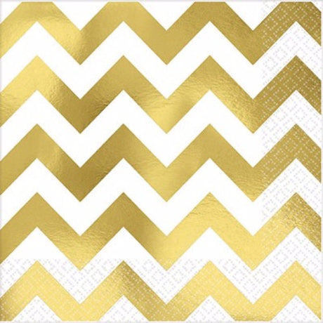 Pack of 16 gold hot stamped chevron lunch napkins, 33cm, perfect for elegant dining and events.