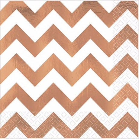 Elegant chevron design napkins in rose gold, perfect for weddings and parties, pack of 16, 33cm x 33cm size.