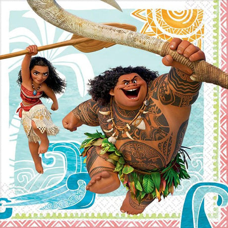 Pack of 16 Moana Luncheon Napkins, 2-sided design, 33cm x 33cm, ideal for tropical-themed parties and celebrations.