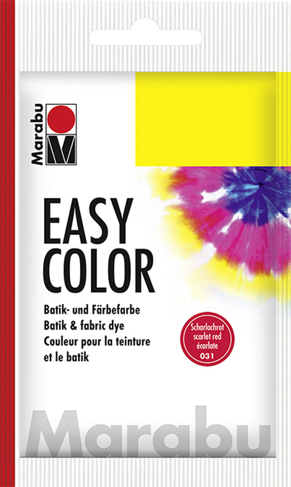 Vivid 25g Scarlet Red fabric dye by MARABU for vibrant dyeing on natural fabrics, ideal for batik and craft projects.