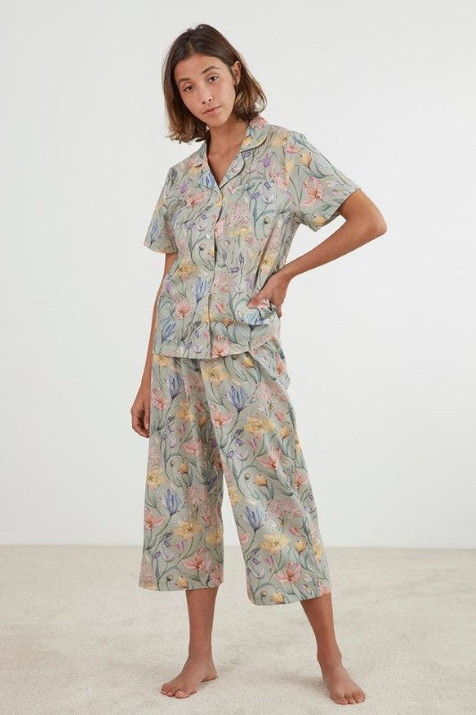 Floral green Capri PJ set with short sleeve top and cropped pants, made from 100% cotton voile, ethically produced.