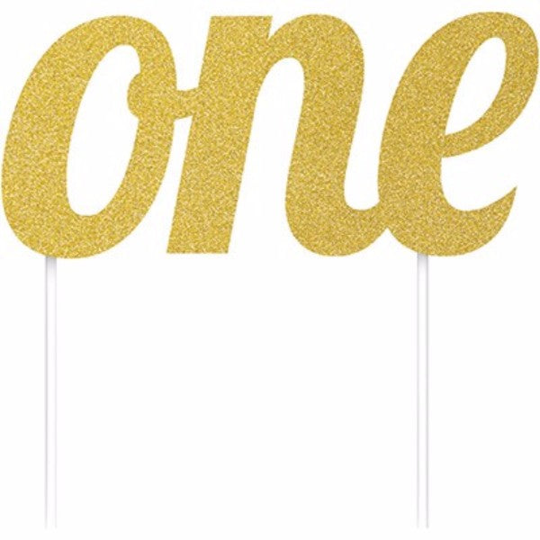 Gold glittered 'One' cake topper, 14.6cm x 15cm, mounted on plastic sticks for celebrations.