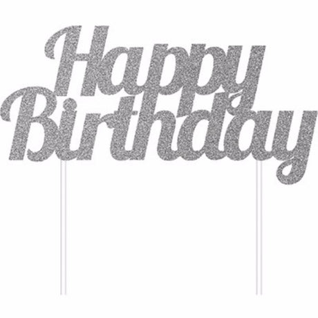 Silver glittered 'Happy Birthday' cake topper on plastic sticks, measuring 15cm x 18cm.