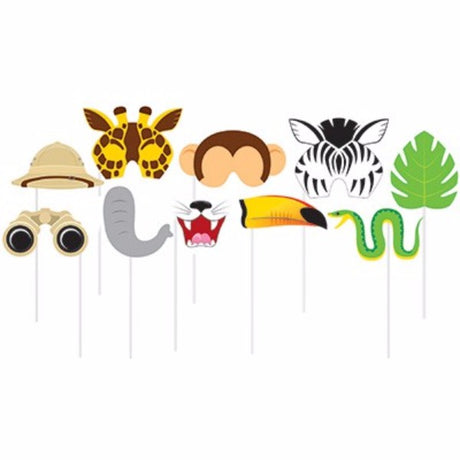 Vibrant jungle-themed photo booth props pack of 10, featuring exotic animals and greenery for fun party photo sessions.