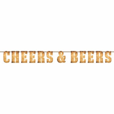 Vibrant 15cm x 2m Cheers & Beers Banner, perfect for celebrations with durable cardboard and natural twine.