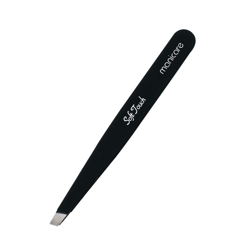 Manicare Soft Touch Slant Tip Tweezers in stainless steel with soft grip for precise hair removal and eyebrow shaping.