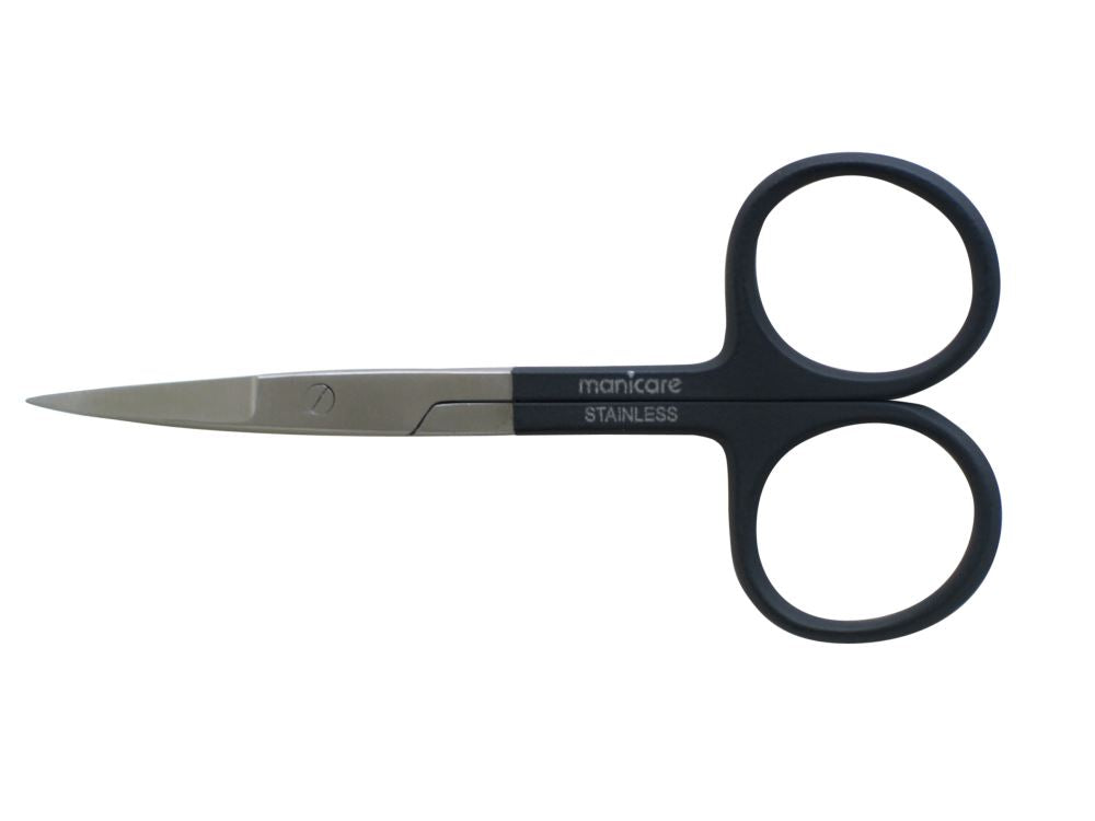 Manicare curved cuticle scissors with stainless steel blades for precise trimming and ergonomic black handles.