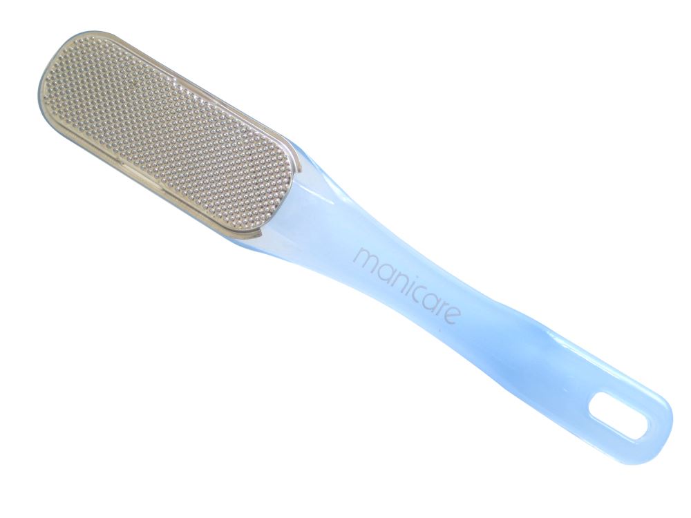 Manicare Pedicure File in stainless steel, designed to soften calluses and remove dry skin for smooth, healthy feet.