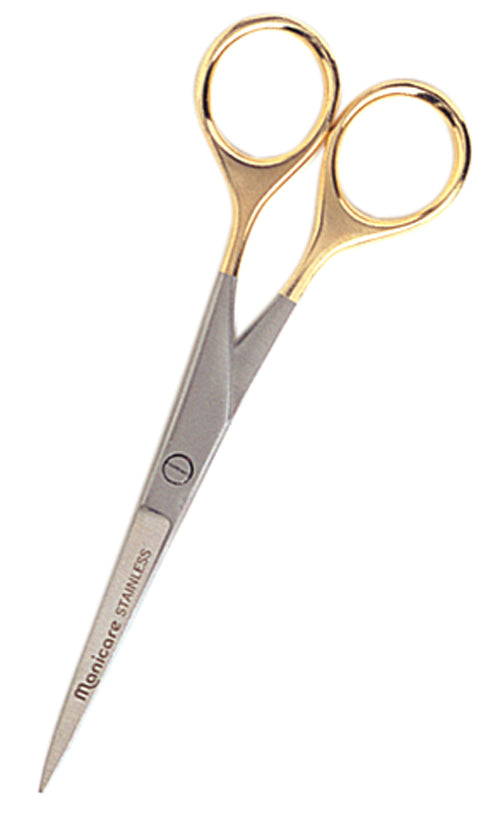 Manicare Hairdressing Scissors with 24k gold-plated handles and precision-ground stainless steel blades for smooth cuts.