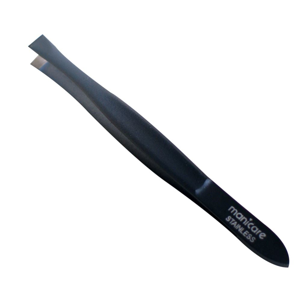 Manicare Flat Tweezers featuring a matte-coated grip for precision grooming and durable stainless steel construction.