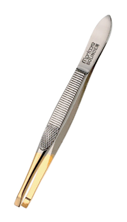 Manicare Flat Tweezers with gold tips for precise brow shaping and hair removal, featuring non-slip grips and a storage pouch.