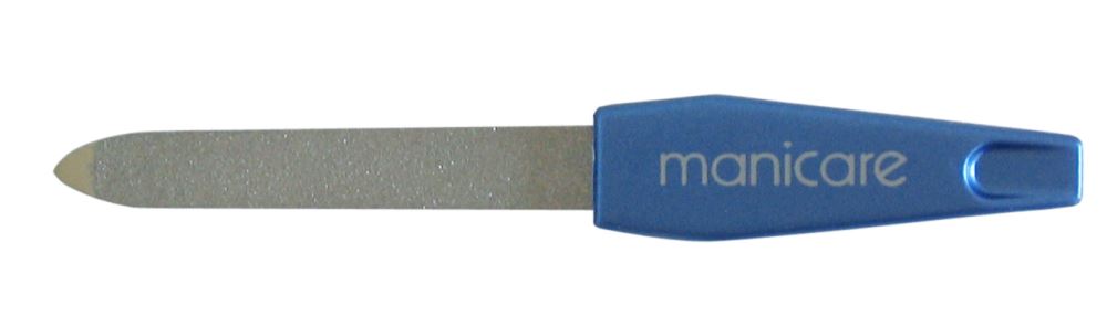 Manicare Sapphire Nail File No.1 features dual-grade surfaces for shaping natural and artificial nails, compact for travel.