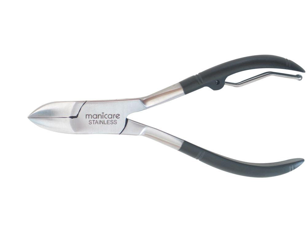 Manicare Chiropody Pliers 100mm with side spring, made of stainless steel for precise nail trimming and cutting.