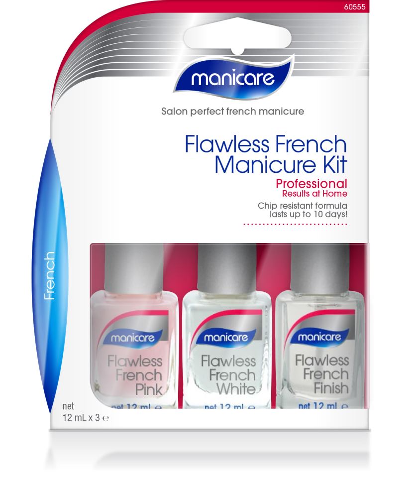 Flawless French Manicure Kit by Manicare with French polishes, tip tapes, and a three-step process for salon-quality nails.