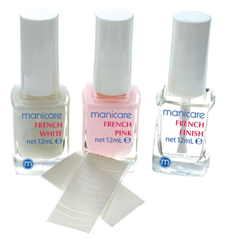 Flawless French Manicure Kit by Manicare featuring polish, tapes, and a step-by-step guide for salon-quality nails at home.